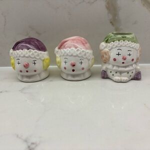 Vintage Colourful Clown Head Ceramic Salt Pepper and Toothpick Holder Set